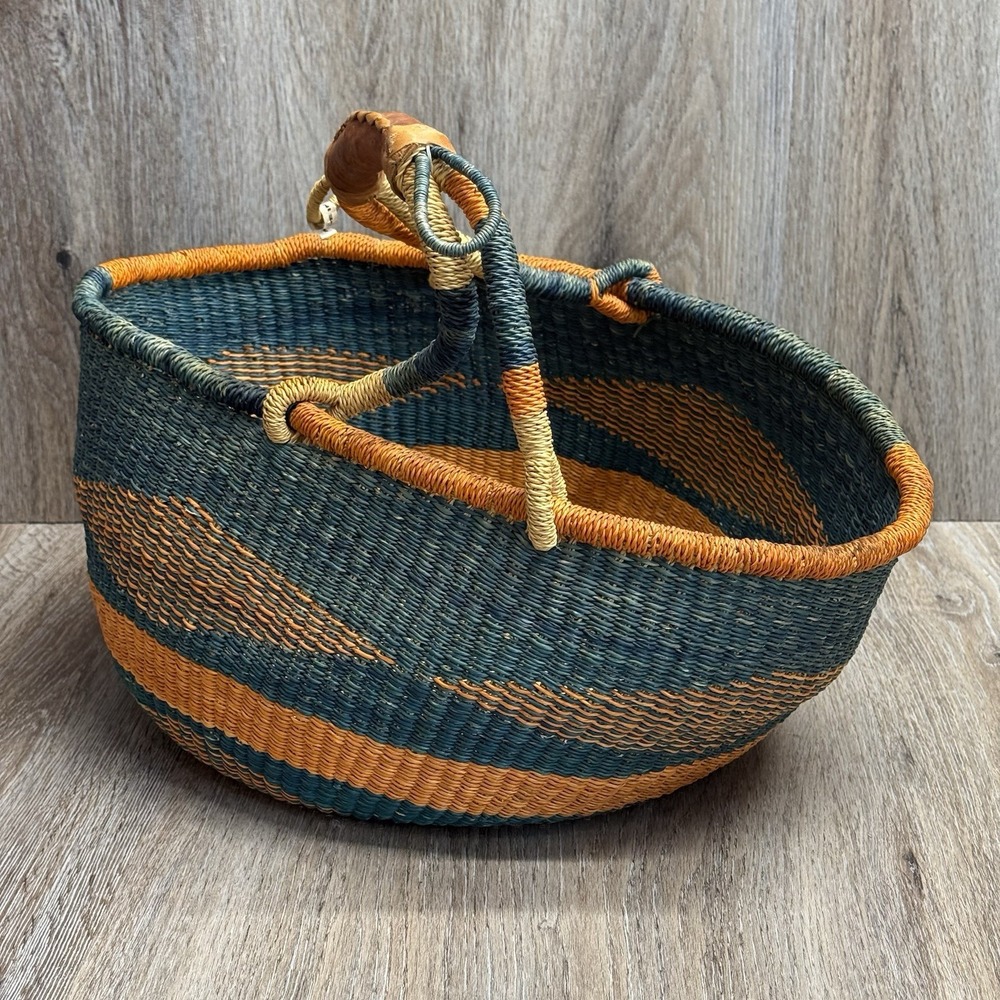 Woven African Bolga Ghana Market Basket Large Leather Handle - Picture 7 of 16